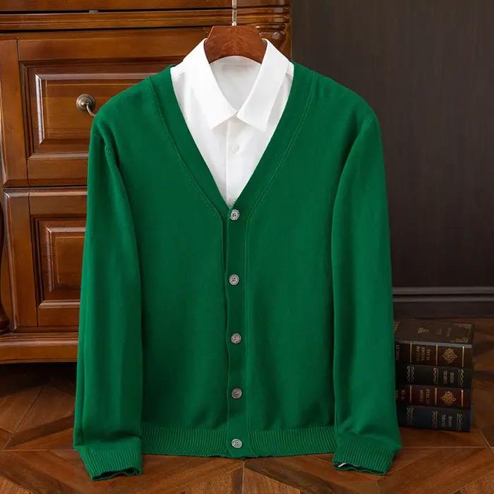 Pull en cachemire à col en V pour hommes, cardigan tricoté, manteau en laine côtelée, jersey haut de gamme, printemps, automne