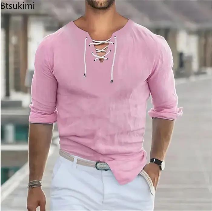 Nouvelle Collection : Chemises Homme Simples à Manches Longues, Col V Tendance avec Lacets, Hauts Décontractés Unis et Polyvalents pour Hommes