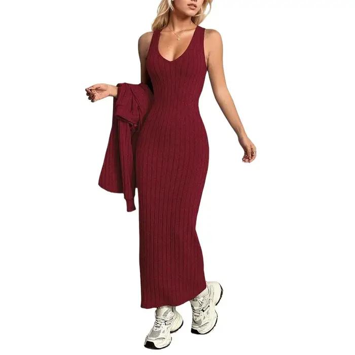 Robe à bretelles tricotée pour femmes, vêtements haut de gamme, couleur unie, tempérament, lumière familier, vent, ensemble deux pièces, 2026