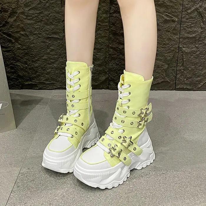 Bottes à plateforme pour femmes, nouvelles bottes locomotive à boucle de ceinture à tête ronde, bottes européennes et américaines à semelles épaisses pour femmes, Botas Mujer