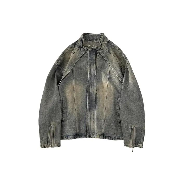 Veste en jean vintage pour homme, veste cargo décontractée à col montant et manches longues, streetwear ample et tendance pour le printemps et l'automne