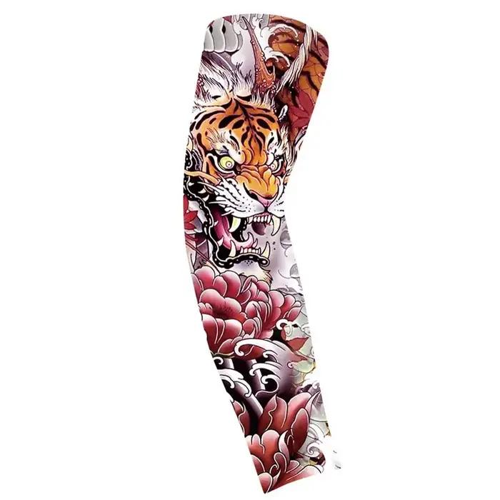 Manchon de bras à motif floral, effet tatouage, élastique, respirant, protection solaire, en soie glacée fine, pour hommes et femmes
