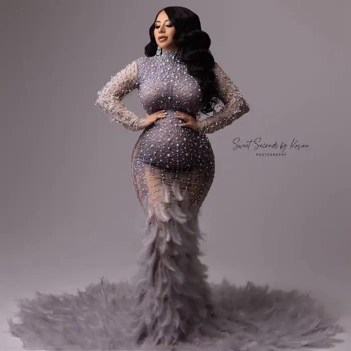 Robe de Sirène Perlée et Pailletée pour Femme Enceinte, Tenue Longue Sexy en Clip et Diamant avec Pl