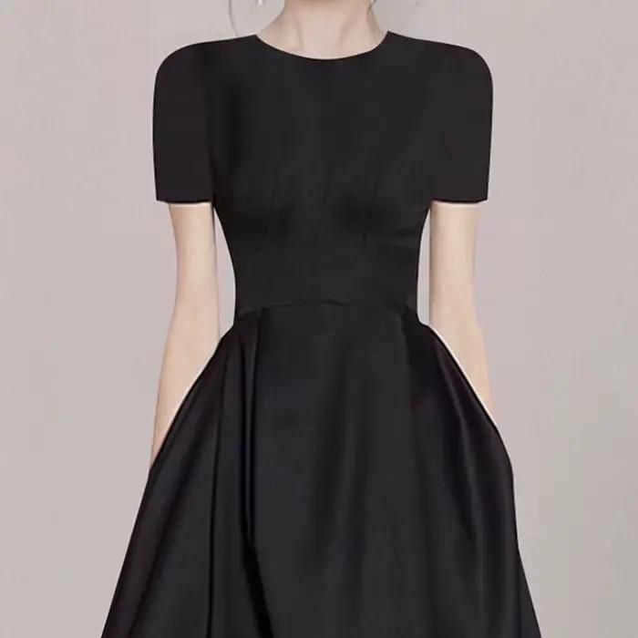 Robe de Rhnoire élégante pour femmes, col rond, manches courtes, taille fine, bureau pour dames, rob