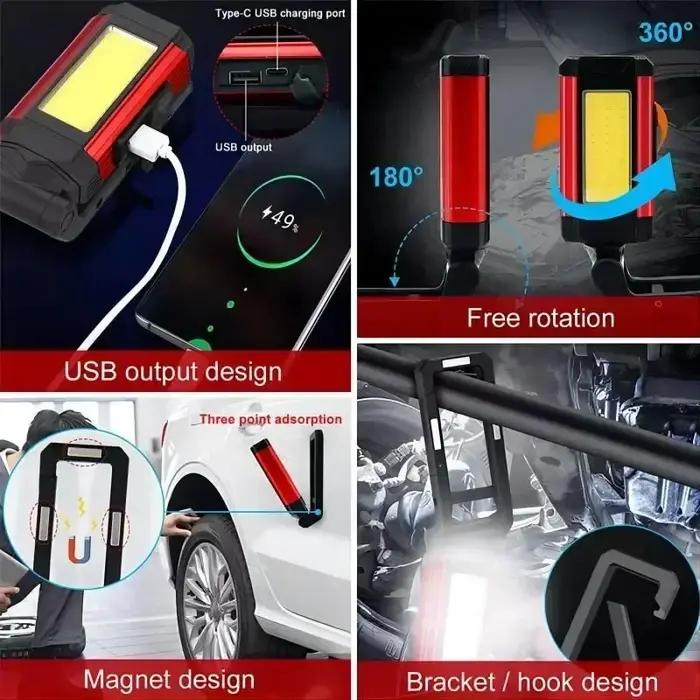 Lampe de travail magnétique COB, Rechargeable par USB, lampe de poche LED, lanterne Portable, lampe