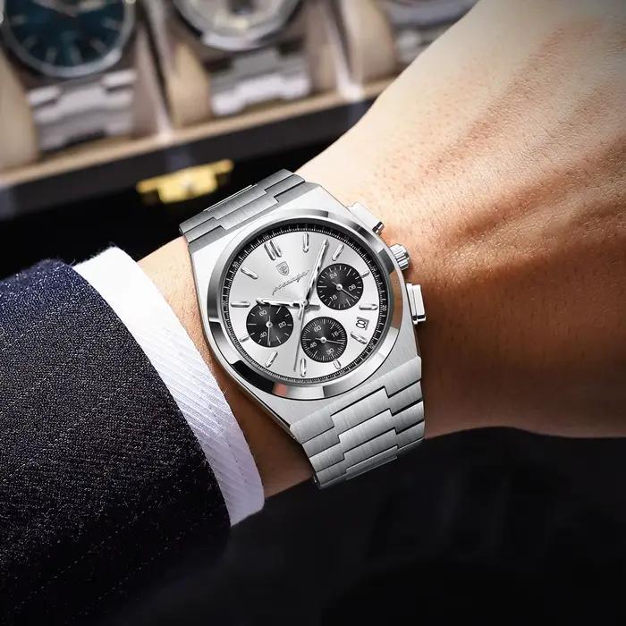 Montre homme chronographe POEDAGAR classique acier inoxydable étanche avec date et aiguilles lumineuses