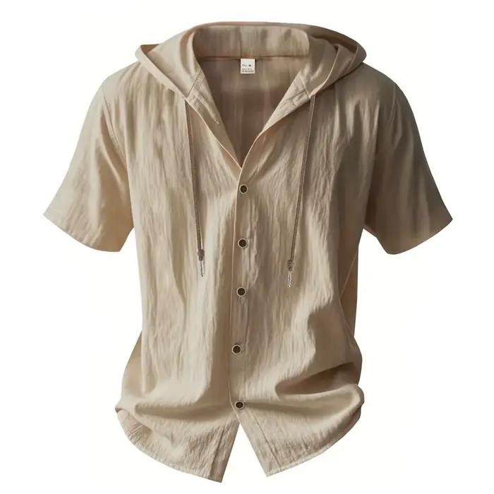 Chemise en coton et lin pour homme à capuche, décontractée, respirante, avec cordon de serrage, manches courtes, solides et élégantes pour l'été et les occasions décontractées