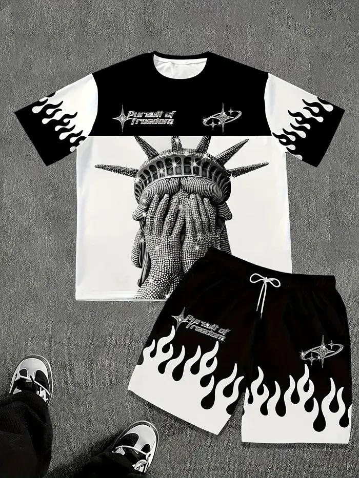 Mode d'été hommes nouvelle Statue de la Liberté imprimer confortable et respirant col rond T-shirt ensemble short et haut vêtements décontractés en plein air