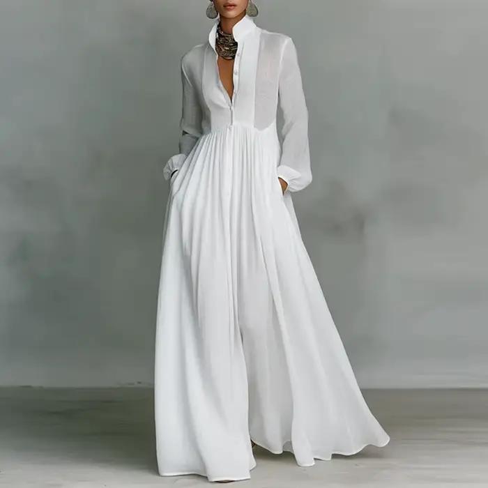 Robe longue élégante à taille haute pour femme, style swing, avec poches, plissée, pour le printemps