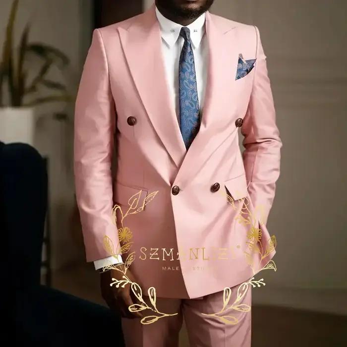 Costumes décontractés roses pour hommes, Blazer à revers à Double boutonnage, Costume de fête de mariage formel à la mode, veste et pantalon 2 pièces