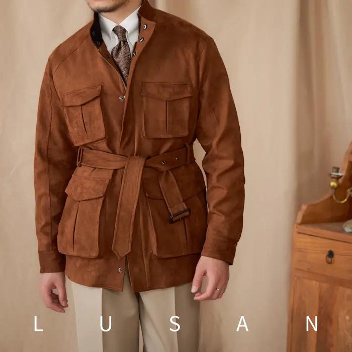 Gentry veste de chasse en daim de style haut ceinture multi-poches chaude coupe ajustée