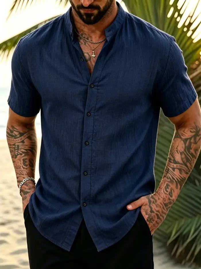 Chemise à col montant texturée à manches courtes pour homme, idéale pour les vacances à l'île, avec patte de boutonnage intégrale, en tissu respirant et infroissable pour les vacances à la plage