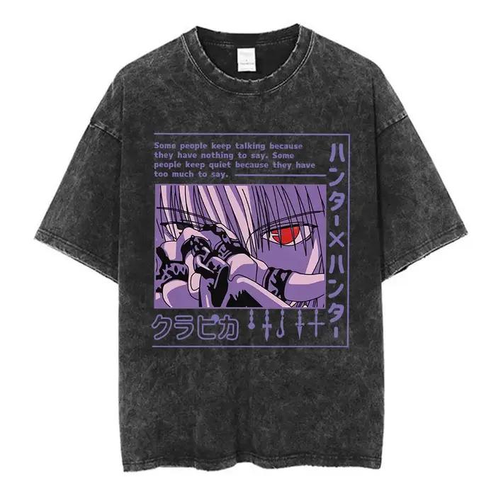 Anime Hunter X Hunter Logo Vintage lavé T-shirt Killua Gon fleur de cerisier graphique T-shirt hommes mode décontracté surdimensionné T-shirt