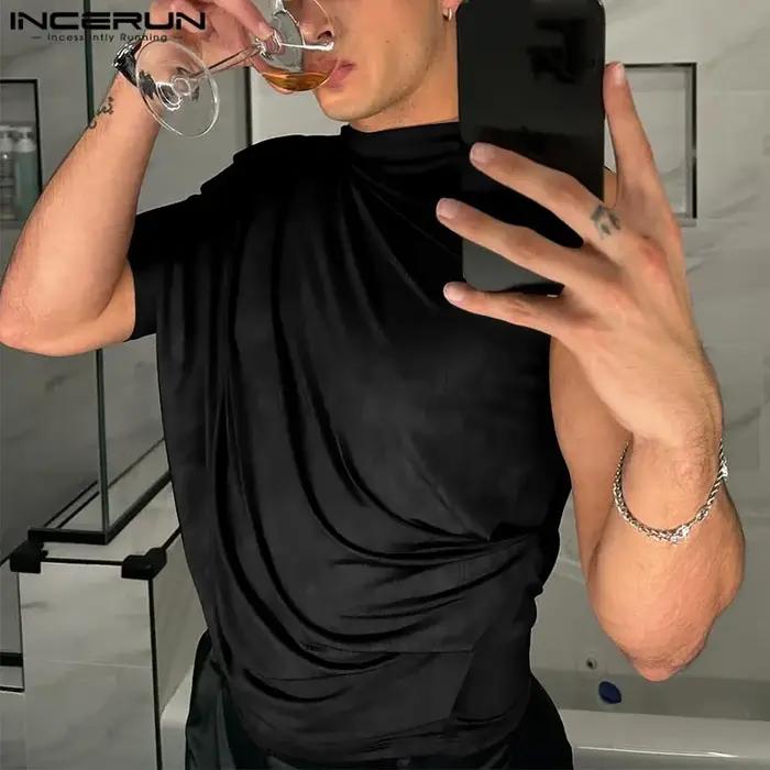 INCERUN hommes t-shirts irréguliers couleur unie col rond une manches courtes plissé hommes vêtements Streetwear 2025 évider Camisetas