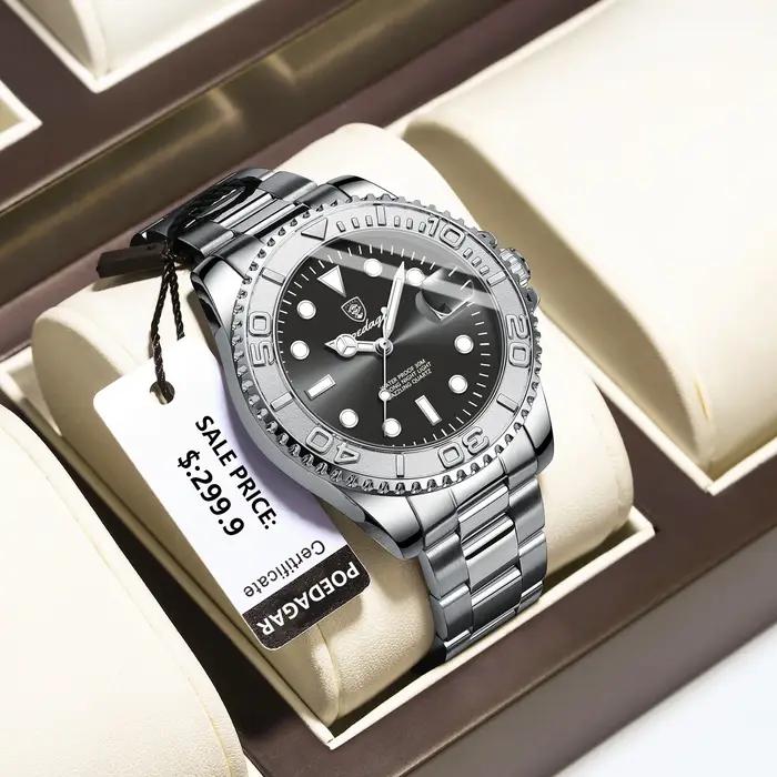 Montre homme luxe POEDAGAR étanche sport acier inoxydable - Montre quartz avec date lumineuse cadeau homme