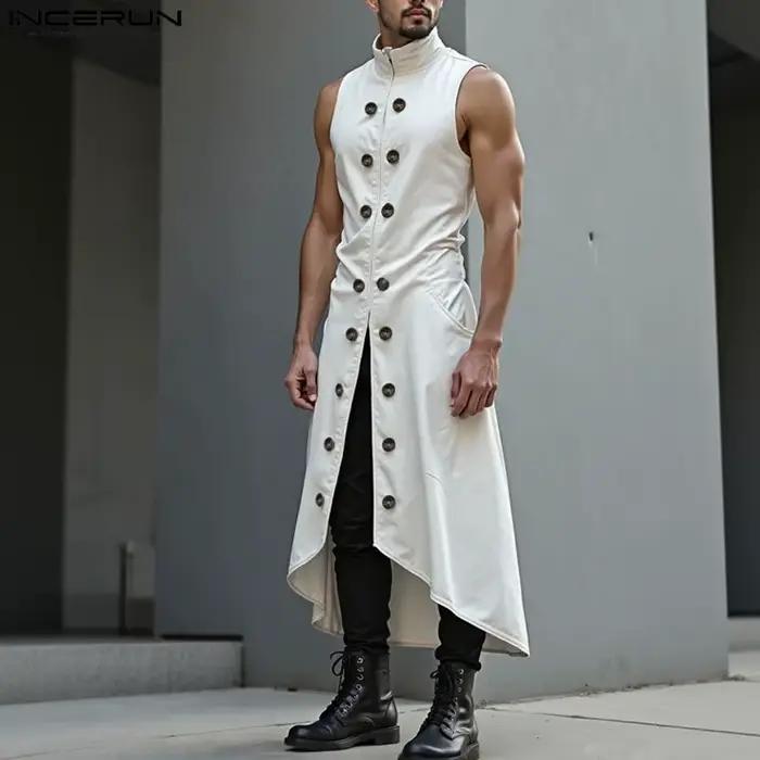 INCERUN hommes longs Style gilets couleur unie Double boutonnage décontracté hommes gilets haute rue