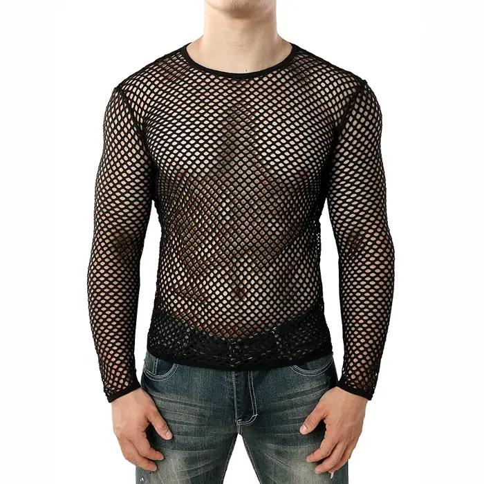 Hommes Transparent Sexy maille t-shirt nouveau voir à travers résille à manches longues Muscle sous-