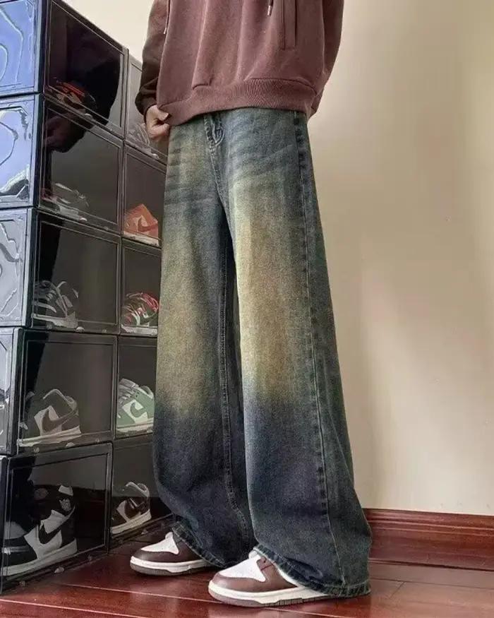 Nouveau jean couteau courbé pour hommes américain rétro lavé en détresse pantalon à jambes larges quatre saisons jambe