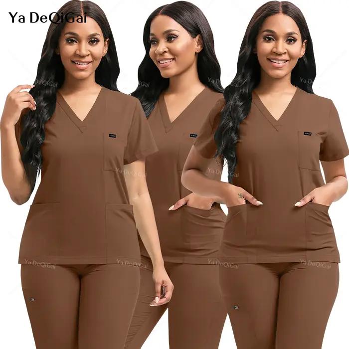 Ensemble de gommages marron, vente en gros, uniformes de salle d'opération, ensemble de gommages médicaux, vêtements de travail d'hôpital, esthéticienne dentaire, haut et pantalon, combinaison de chir