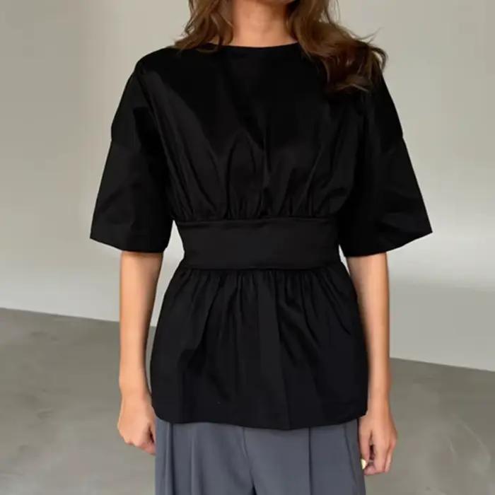 Élégante Blouse T-shirt Femme à Volants, Manches Courtes, Style Peplum, Dos Nu Sexy à Nouer, Haut Ba