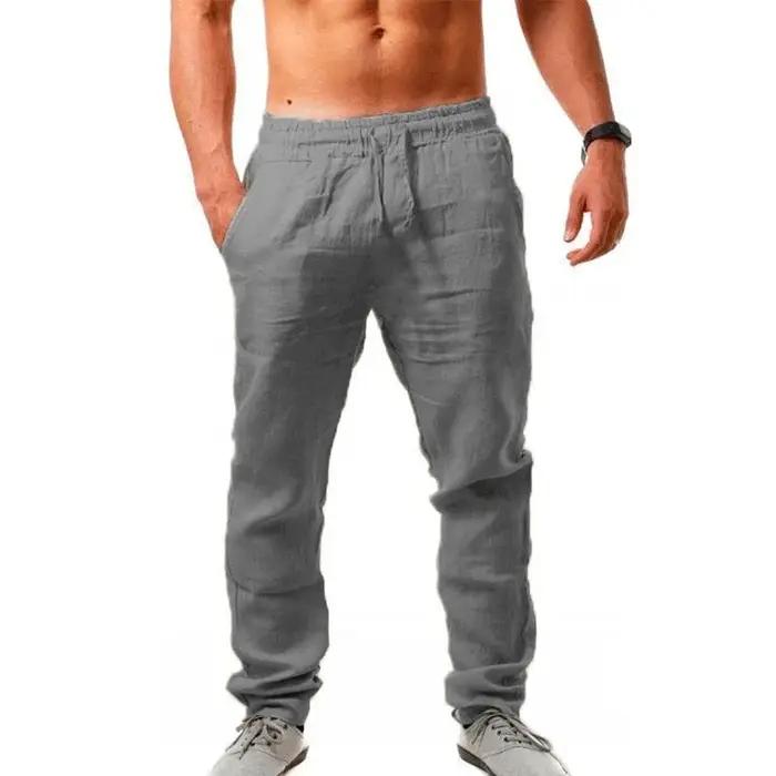 Pantalon homme été coton lin élastique couleur unie - Bas ample respirant casual hip-hop décontracté
