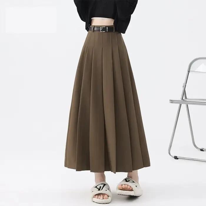 Jupe trapèze grise pour femme, taille haute, décontractée, en laine, longueur midi, pour le printemps et l'automne