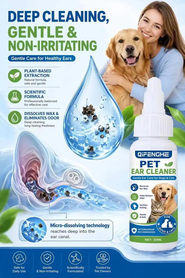 Gouttes nettoyantes pour oreilles d'animaux de compagnie 30 ml pour chiens et chats, solution douce