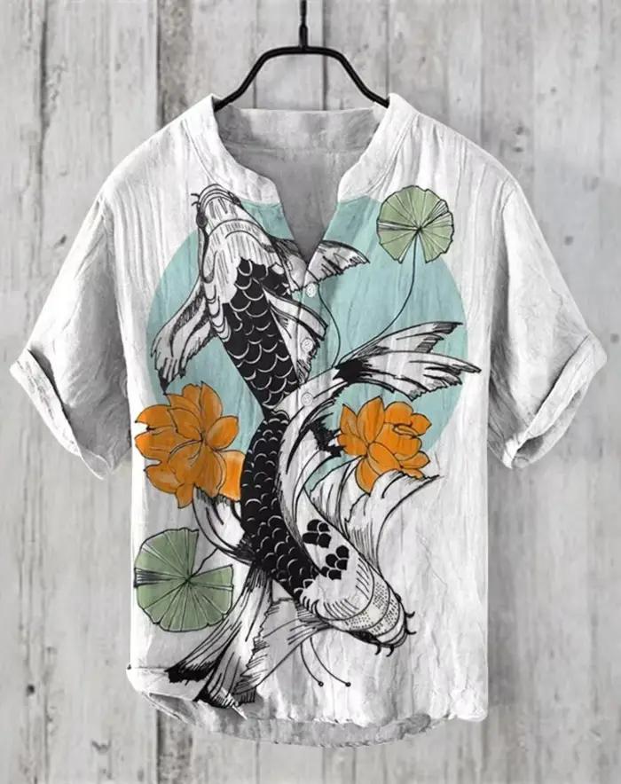 Henry chemise-chemise en lin à manches courtes pour hommes hauts nouvel été T-shirt style décontracté motif de poisson imprimé vêtements de mode Europe