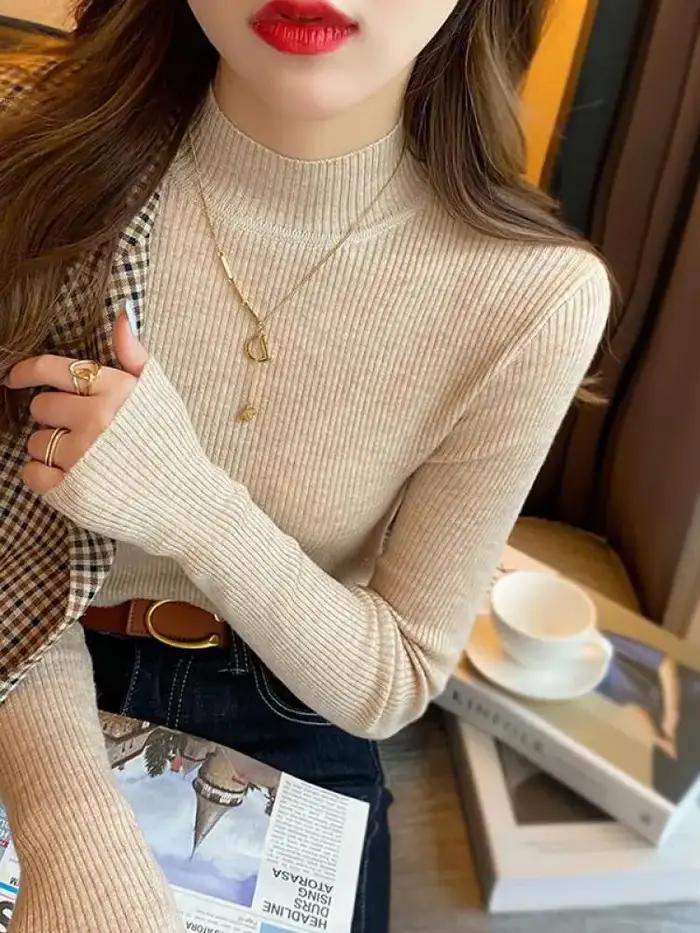 Automne hiver col montant femmes pull Vintage basique solide tricoté coréen hauts décontracté mince
