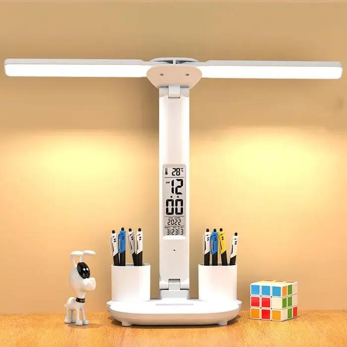 LED horloge lampe de Table USB rechargeable lampe de bureau à intensité variable 2 têtes 180 rotatio