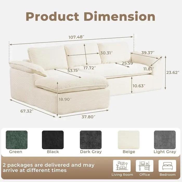 Canapé modulaire sectionnel de 105 pouces, assise profonde, en forme de L, 3 places avec porte-gobel