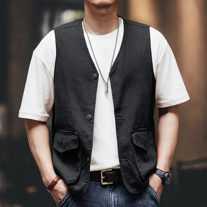 Gilet décontracté sans manches en jean rétro pour homme, col en V, collection automne-hiver 2026 – V