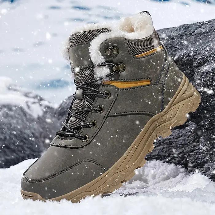 Bottes de neige pour hommes en peluche courte, bout rond, talons faibles, semelles en caoutchouc, bottes de randonnée hivernale pour homme