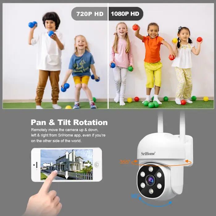 Caméra surveillance Srihome SH061 PTZ 1080P - détection humaine vision nocturne pour sécurité maison