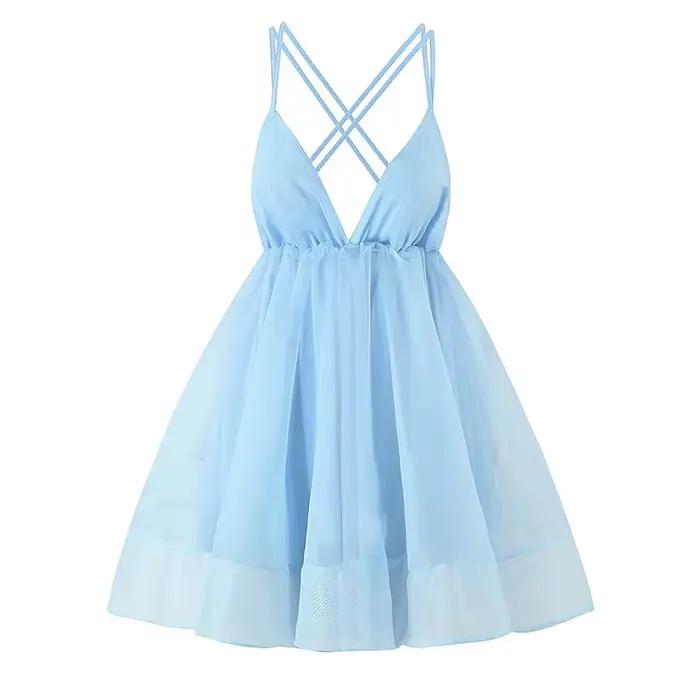 YENKYE nouvelles femmes bleu blanc Sexy dos nu pansement plage vacances robes élégant a-ligne Mini f