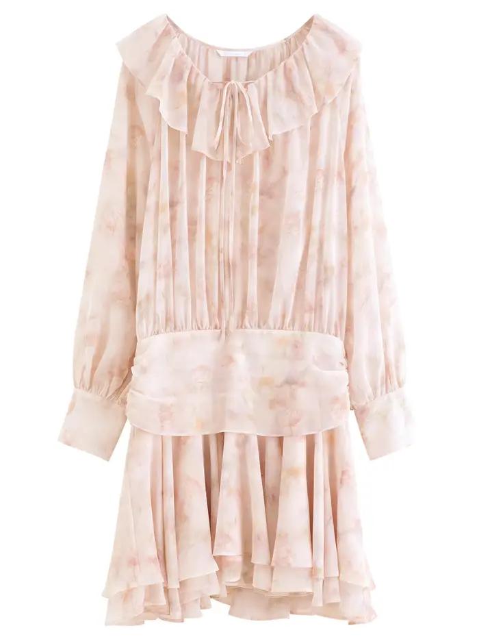 Robe courte évasée à manches longues imprimé floral inspiration française pour femme sorties quotidiennes soirées romantiques
