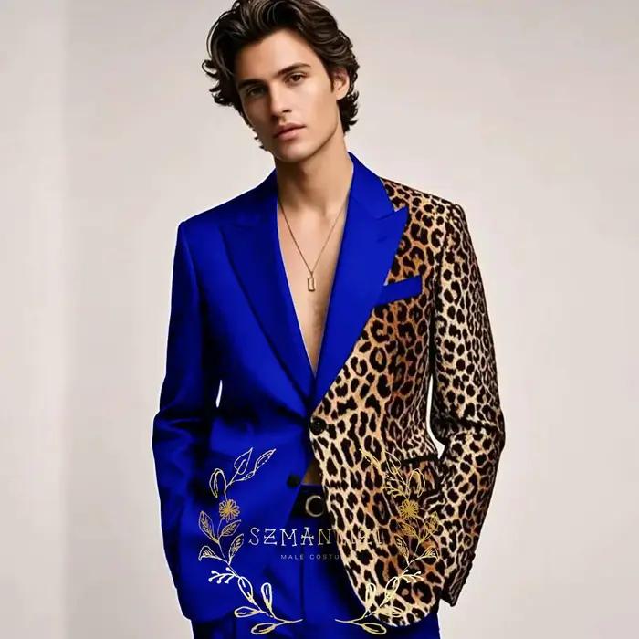 Costumes noirs formels homme imprimé léopard revers à pointe coupe cintrée veste 2 pièces pantalon mariage smoking vêtements masculins occasions spéciales