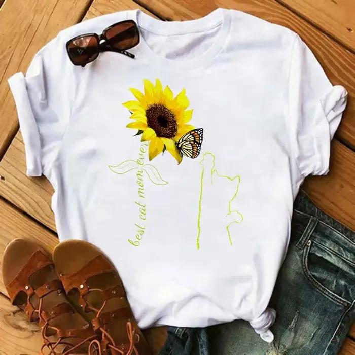 Maycaur T-shirt femme décontracté Kawaii tournesol motif papillon imprimé