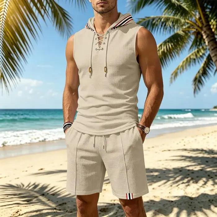 Nouvel ensemble de vêtements d'été pour hommes en deux pièces : haut à capuche sans manches +