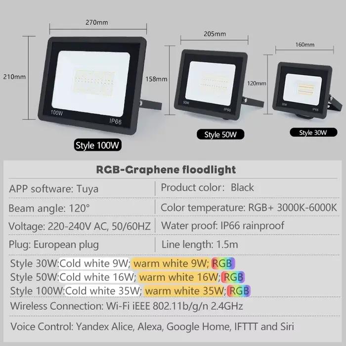 TUYA RGB Projecteur Smart APP Contrôle Vocal RGBCW CCT 3000-6500K 30W 50W 100W 220V AC Pour Garden Party Éclairage Extér