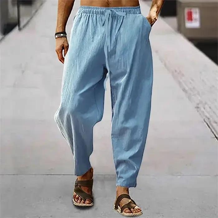 Nouveaux hommes coton lin pantalon été et automne solide taille haute pantalon à jambes larges mâle