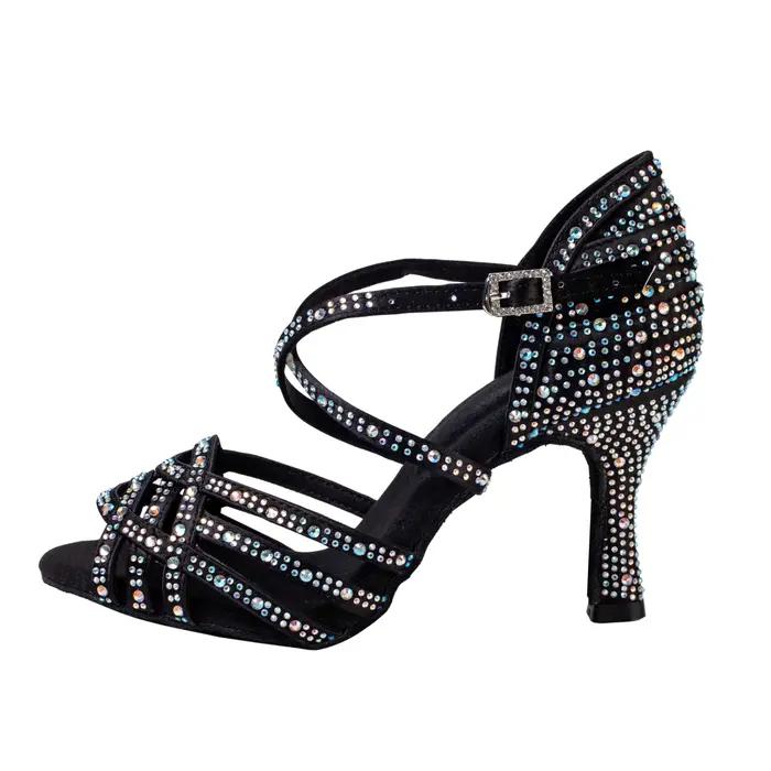 Chaussures de danse latine, chaussures de danse noires pour adultes, diamant incrusté de 7.5cm pour