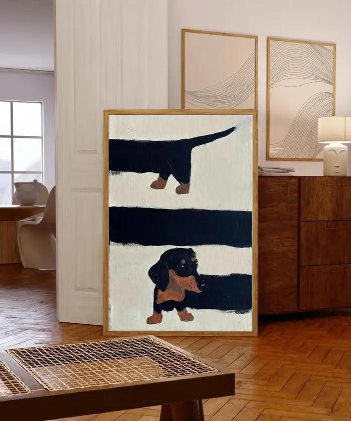Art mural ludique pour chiens de style mid-century - Impression texturée en impasto de teckels curieux