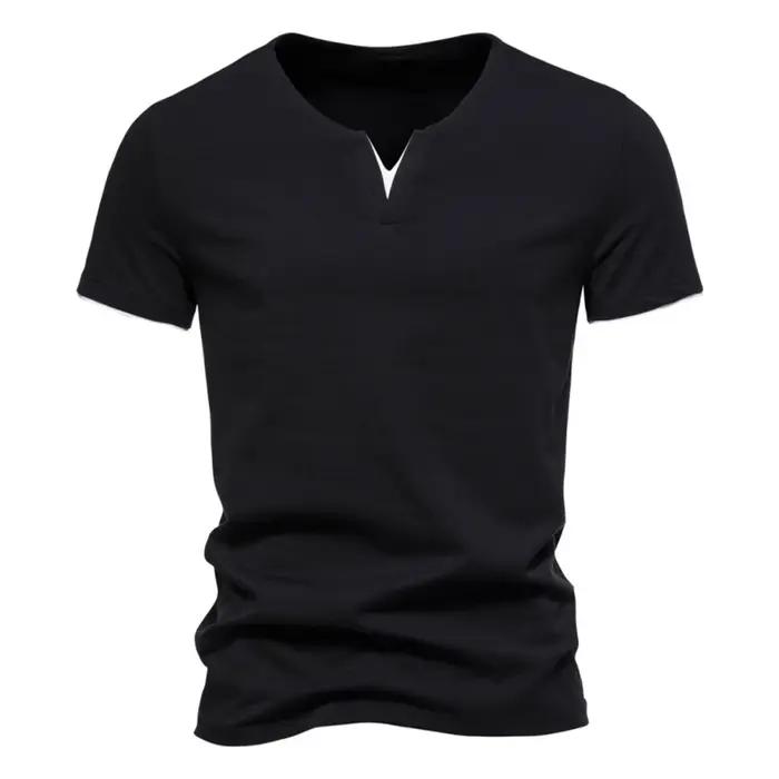 Henley – T-shirt manches courtes col en v pour homme, décontracté, coupe cintrée, basique, ample, Fi