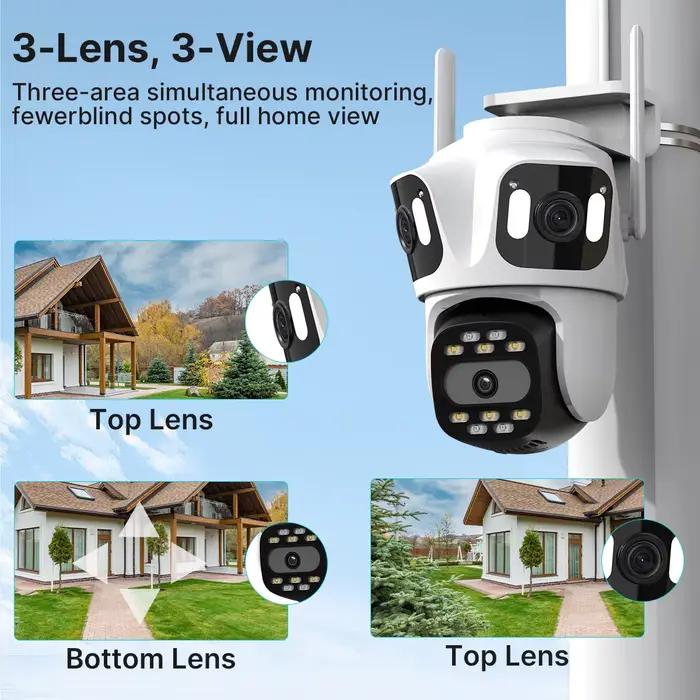 Caméra PTZ IP extérieure 3 objectifs écran triple WiFi suivi automatique CCTV iCsee