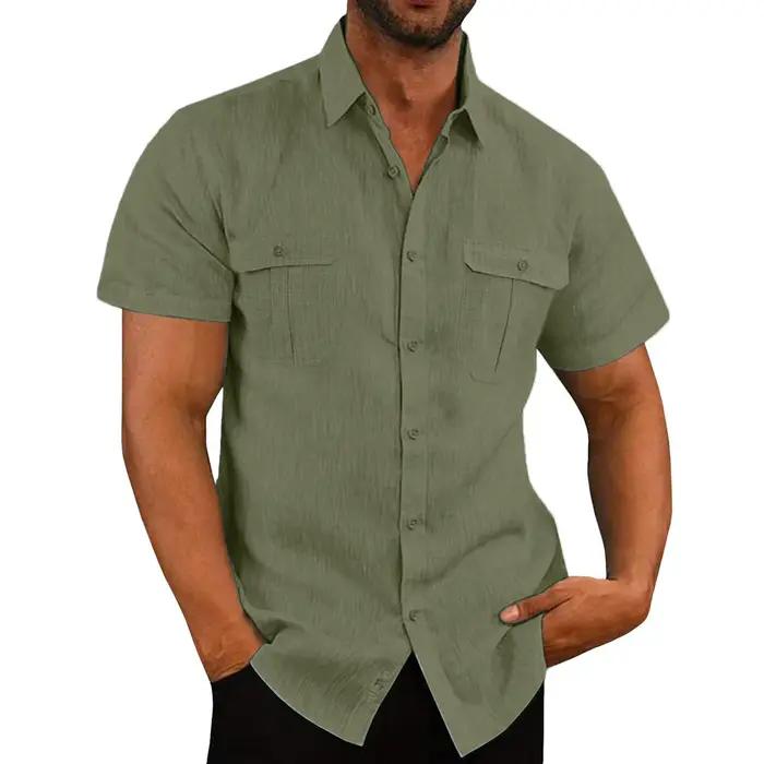 Chemises à manches courtes pour hommes en coton et lin, vente chaude, couleur unie, col confortable,