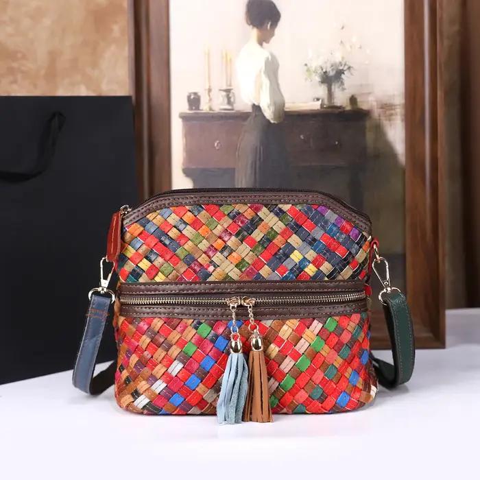 Sac à bandoulière en cuir épissé tissé à la main pour femmes