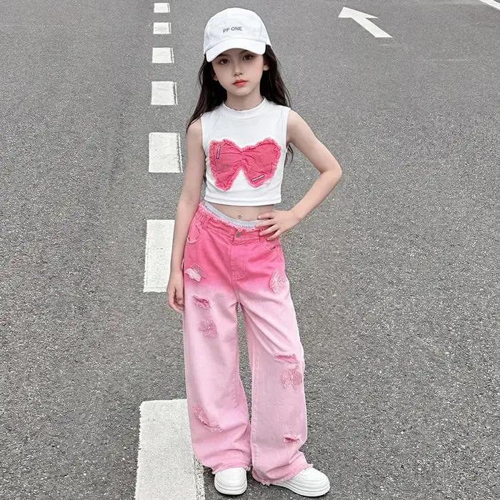 Ensembles de vêtements pour adolescentes : Offres exceptionnelles – Crop top à nœud + Jean large déchiré avec papillon – 2 pièces – Tenues tendance dégradées pour enfants