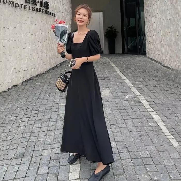 Robe Chic Vintage Noire pour Femme, Taille Haute, Col Carré, Manches Bouffantes, Nministériels d Tra