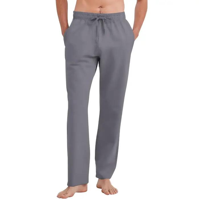 Pantalon droit homme coton lin léger respirant été décontracté couleur unie taille élastique confortable